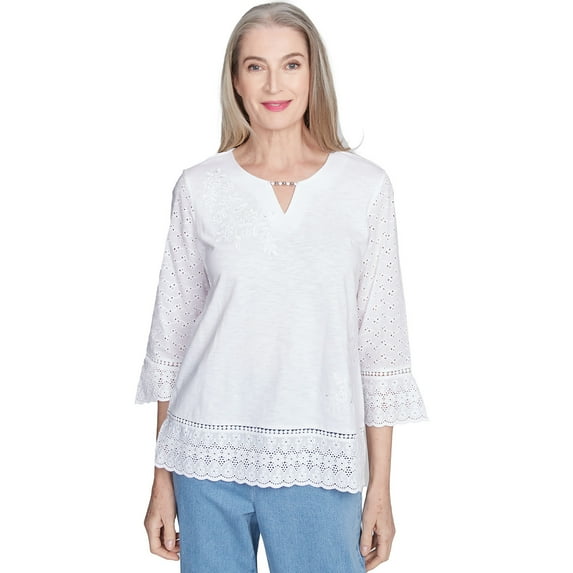 Alfred Dunner Womens Floral Embroidered Eyelet Trim Top