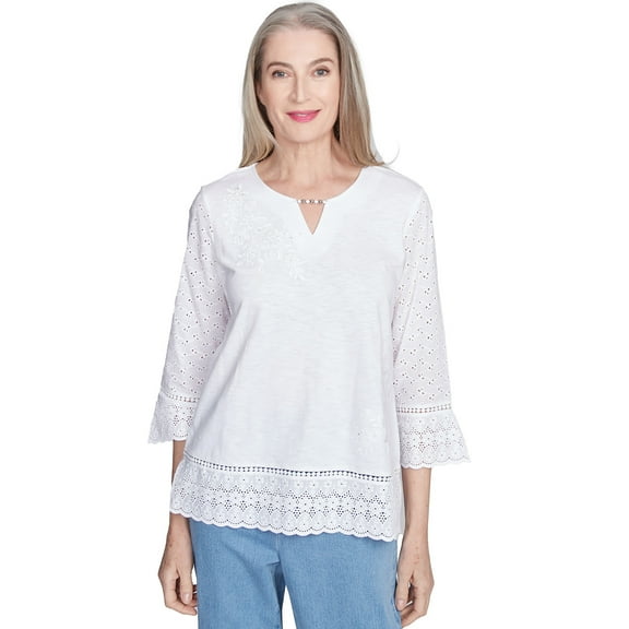 Alfred Dunner Womens Floral Embroidered Eyelet Trim Top