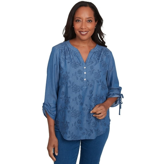 Alfred Dunner Womens Floral Embroidered Flared Sleeve Top
