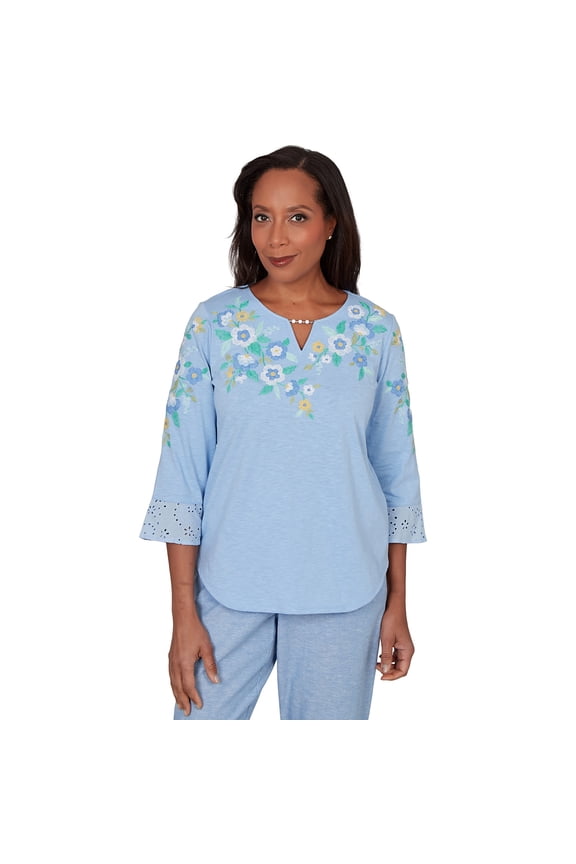 Womens Floral Embroidered Split Neck Top