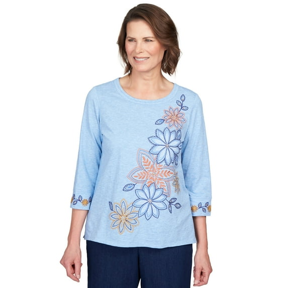 Alfred Dunner Womens Floral Embroidery Flutter Sleeve Top