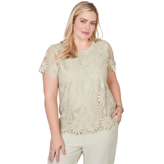 Alfred Dunner Womens Floral Lace Short Sleeve Tee