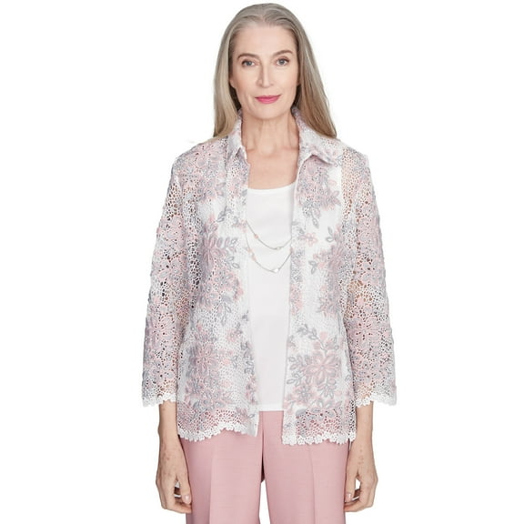 Alfred Dunner Womens Floral Lace Two In One Top With Necklace