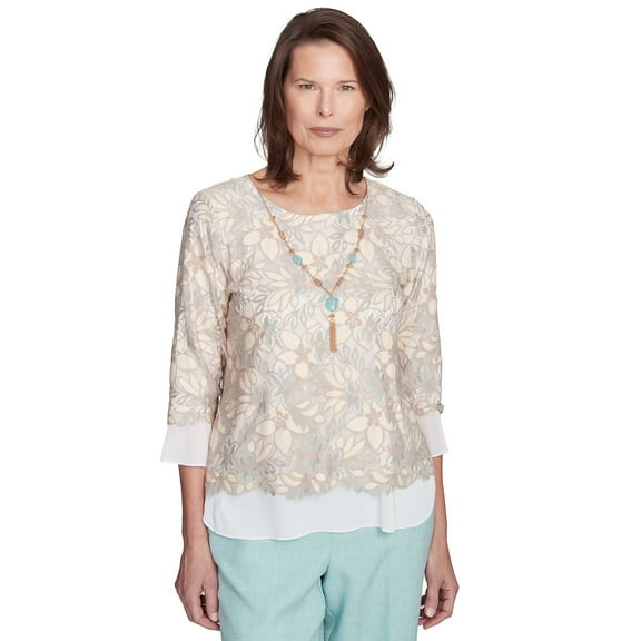 Alfred Dunner Womens Floral Lace Woven Trim Top With Necklace