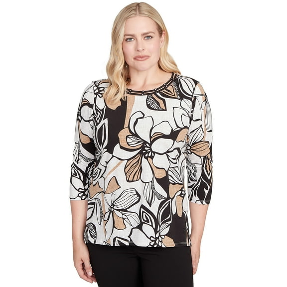 Alfred Dunner Womens Floral Leaf Embellished Top