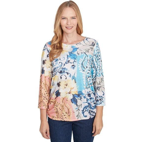 Alfred Dunner Womens Floral Patch Drawstring Top