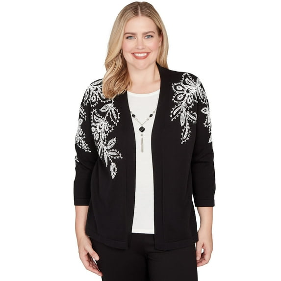 Alfred Dunner Womens Floral Soutache Two In One Sweater With Necklace