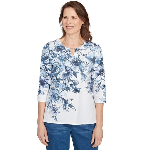 Alfred Dunner Womens Floral Split Beaded Top
