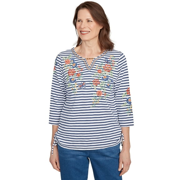 Alfred Dunner Womens Floral Stripe Ruched Sides Top