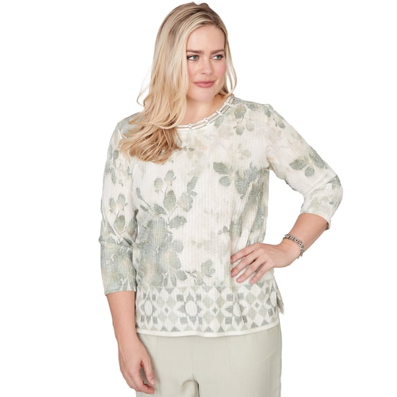 Alfred Dunner Womens Floral Tonal Border Embellished Neck Top
