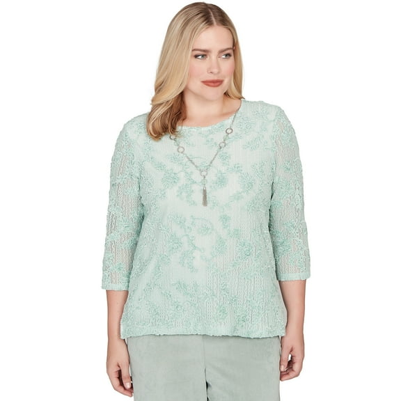 Alfred Dunner Womens Floral Velvet Soutache Mesh Top With Necklace