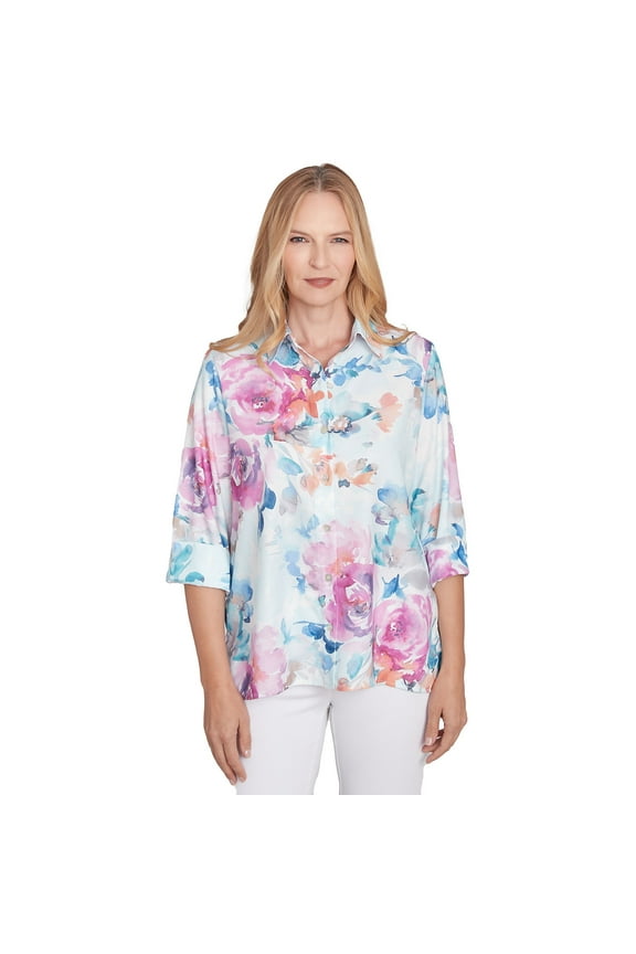 Womens Floral Watercolor Button Down Top