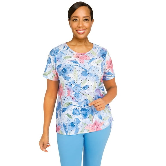Alfred Dunner Womens  Floral Watercolor Eyelet Top