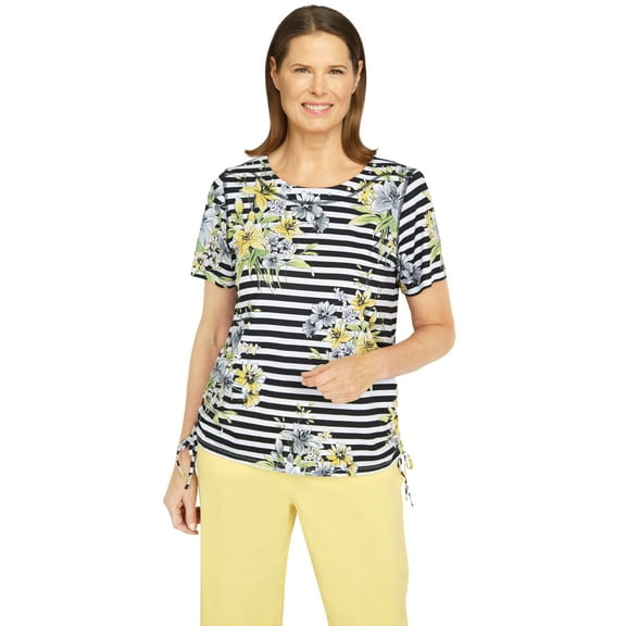 Alfred Dunner Womens Flower Bouquet Striped Tee