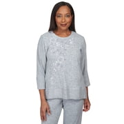 Alfred Dunner Womens Flower Embroidery Split Hem Top