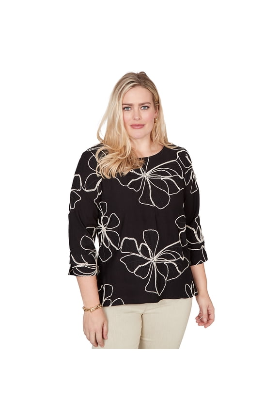 Womens Flower Soutache Three Quarter Sleeve Top
