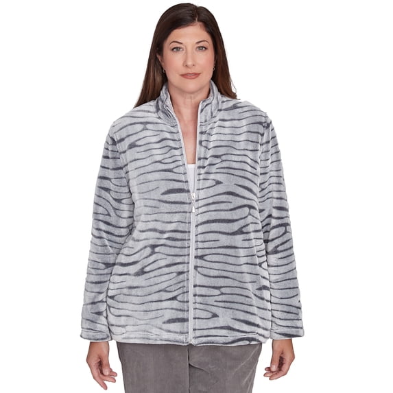 Alfred Dunner Womens Fuzzy Sculpted Zebra Animal Jacket