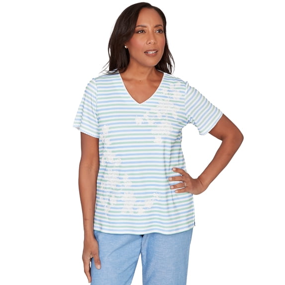 Alfred Dunner Womens Highlight Flower Striped Tee