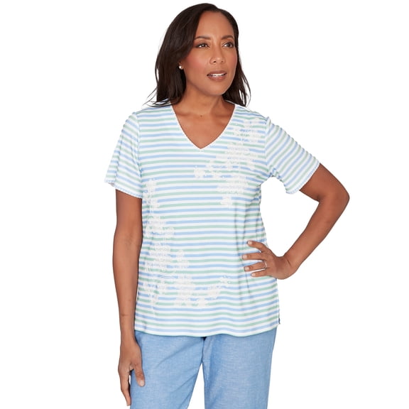 Alfred Dunner Womens Highlight Flower Striped Tee