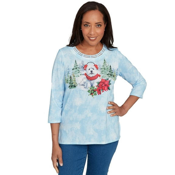 Alfred Dunner Womens Holiday Dog In Earmuffs Top