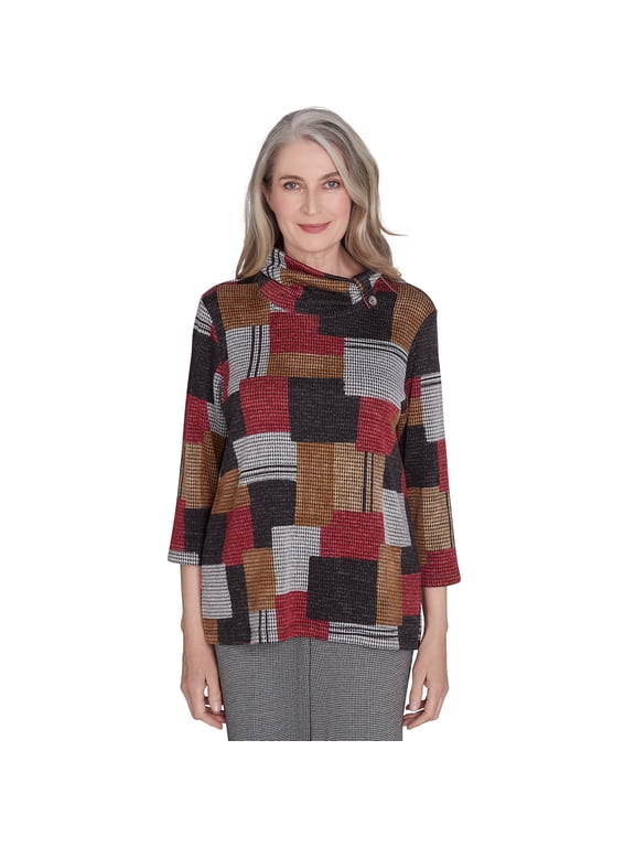 Womens Houndstooth Patchwork Cowl Neck Top