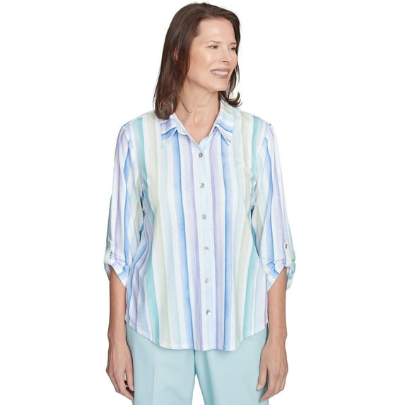 Alfred Dunner Womens Island Mint Stripe Knit Button Front Top