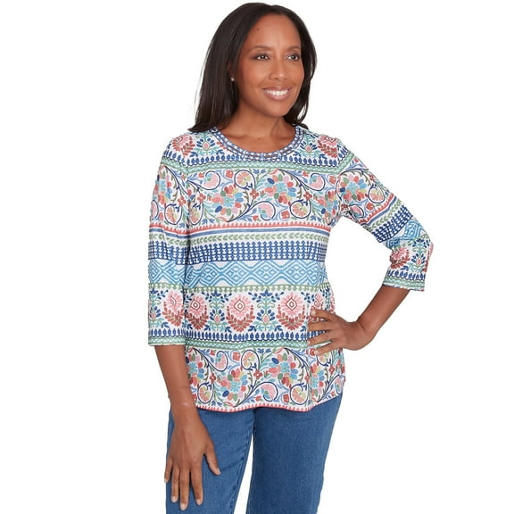 Alfred Dunner Womens Knit Scroll Geometric Crewneck Top