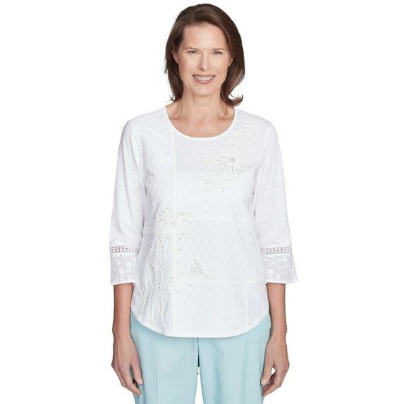 Alfred Dunner Womens Lace Patchwork Embellished Sleeve Top