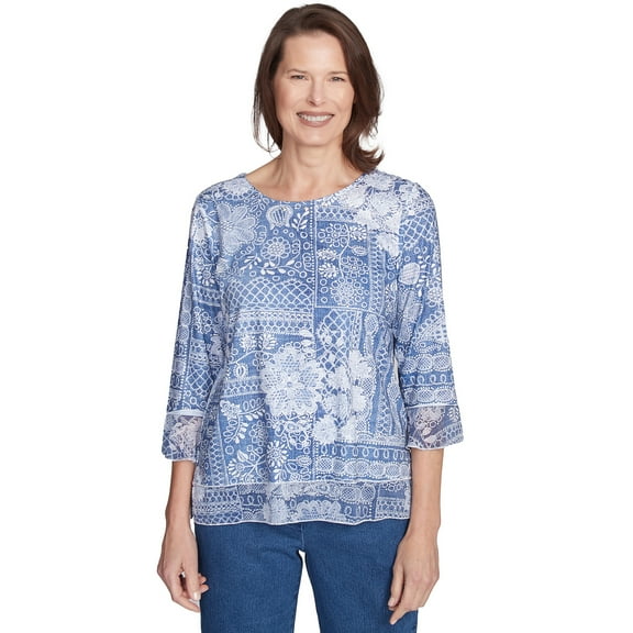 Alfred Dunner Womens Lacey Floral Patchwork Crew Neck Top