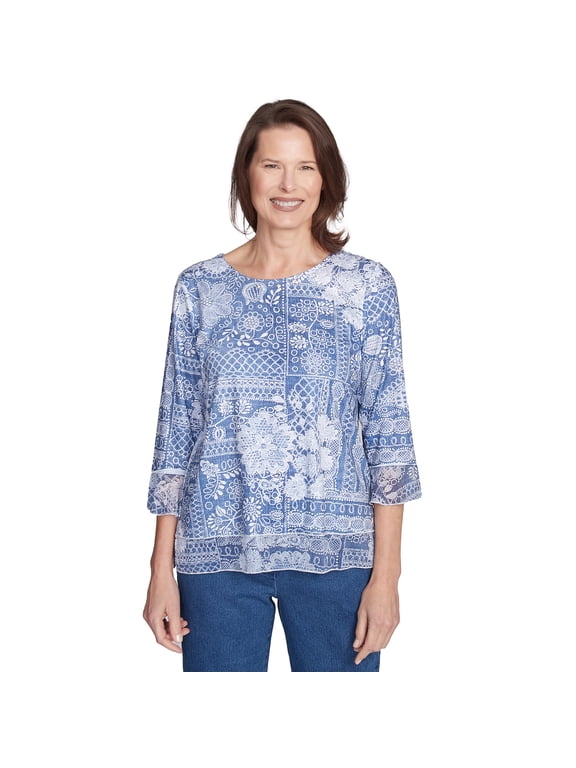 Womens Lacey Floral Patchwork Crew Neck Top