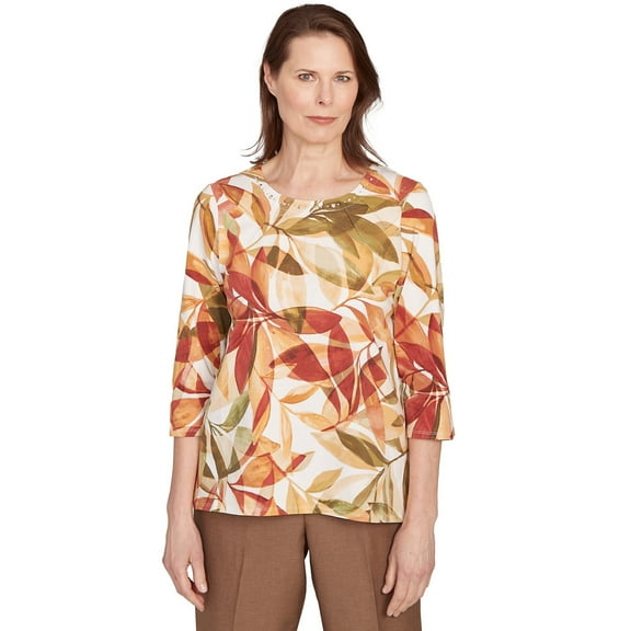 Alfred Dunner Womens Leaf Pleated Neckline Top