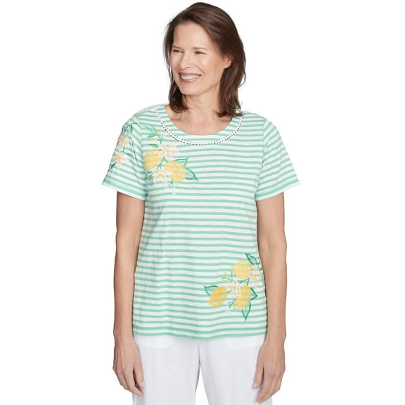 Alfred Dunner Womens Lemon Printed Striped Tee