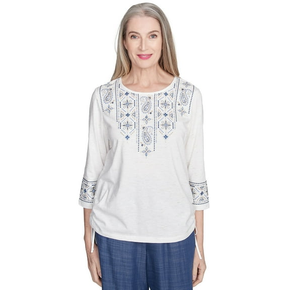 Alfred Dunner Womens Linear Embroidered Tie Sleeve Top