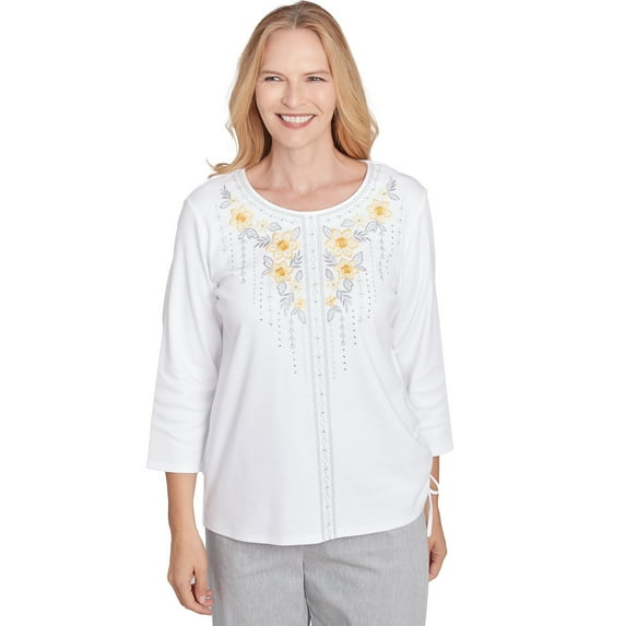 Alfred Dunner Womens Linear Knit Floral Embroidered Crew Neck Top