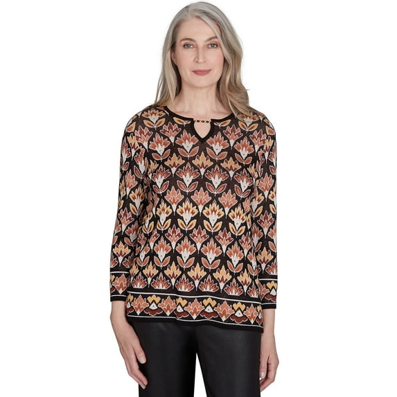 Alfred Dunner Womens Medallion Beaded Split Neck Sweater