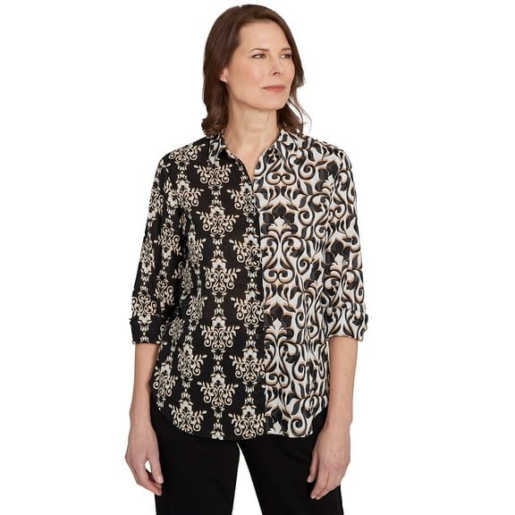 Alfred Dunner Womens Medallion Twin Print Button Front Top