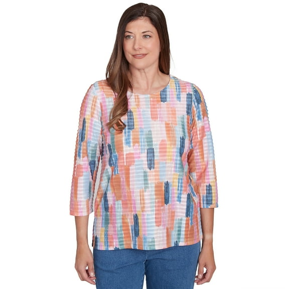 Alfred Dunner Womens Mini Ruffle Brushstroke Crew Neck Top