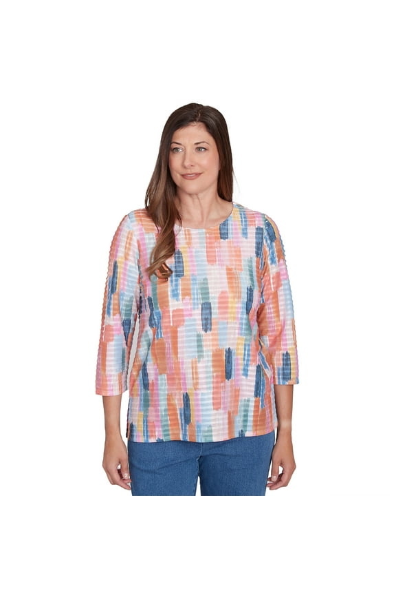 Womens Mini Ruffle Brushstroke Crew Neck Top