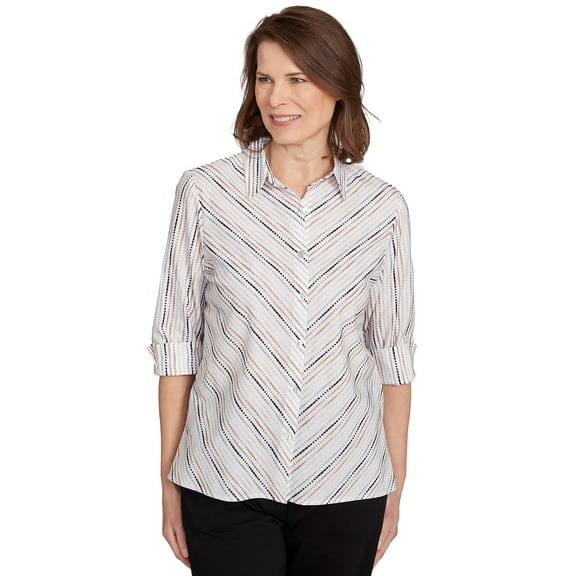 Alfred Dunner Womens Mitered Textured Stripe Button Front Top
