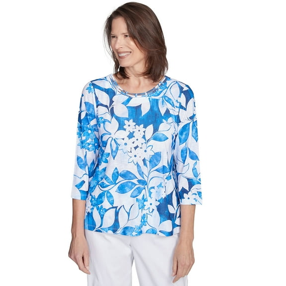 Alfred Dunner Womens Monotone Cobalt Floral Top