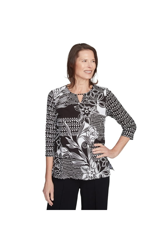 Womens Monotone Patch Beaded Split Neck Top