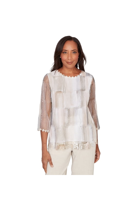 Womens Neutral Brushstrokes Mesh Top