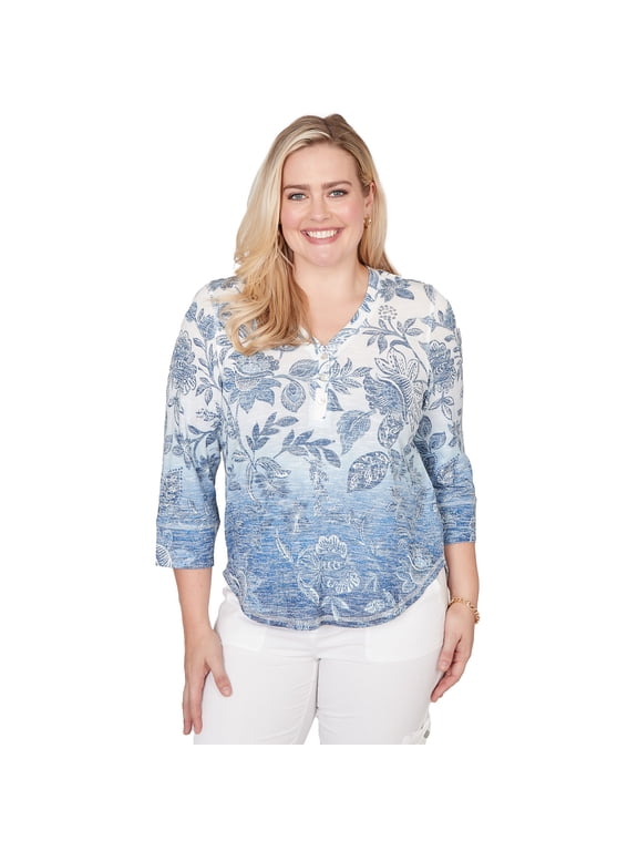 Womens Ombre Batik Floral Henley Top