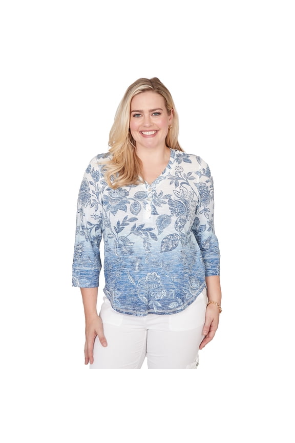 Womens Ombre Batik Floral Henley Top