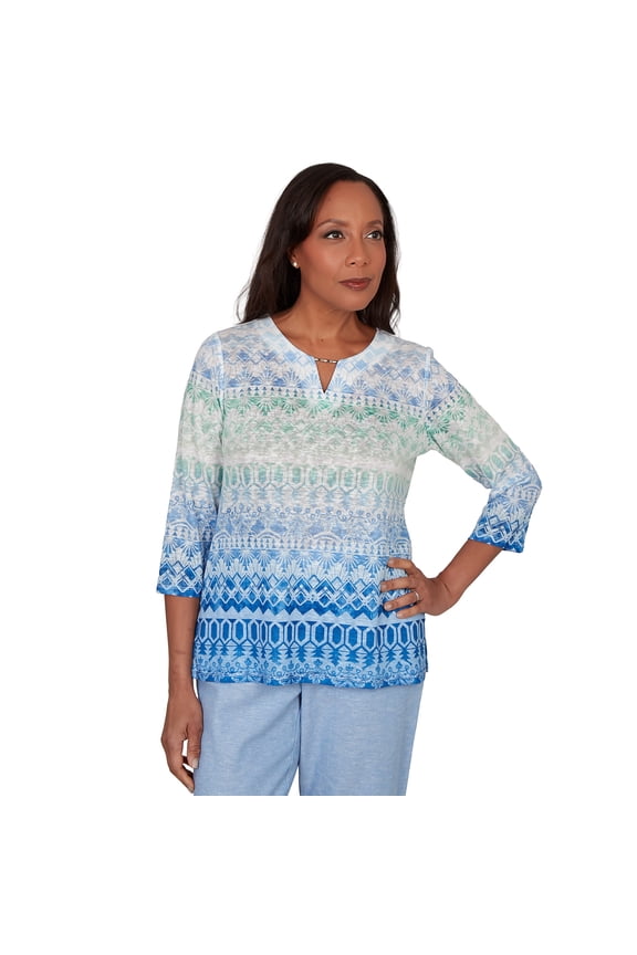 Womens Ombre Biadere Split Neck Top