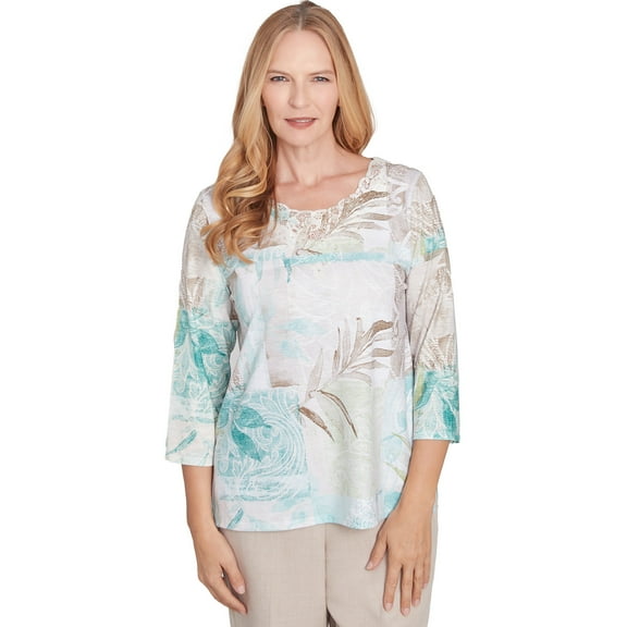 Alfred Dunner Womens Patchwork Leaves Textured Top