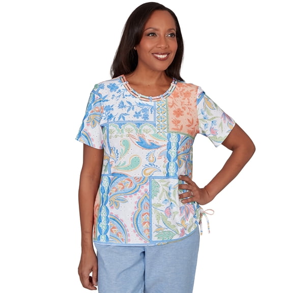 Alfred Dunner Womens Patchwork Scroll Side Tie Ruched Tee