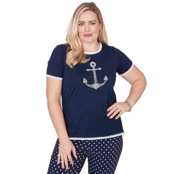 Alfred Dunner Womens Pearl Anchor Graphic Tee