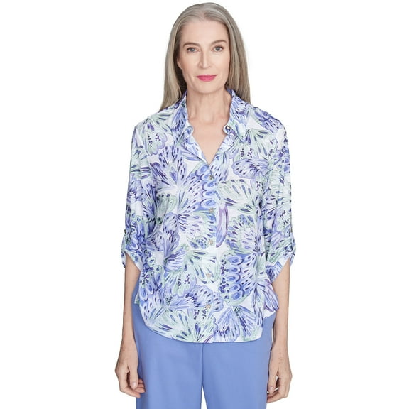Alfred Dunner Womens Petite Abstract Butterfly Button Front Top