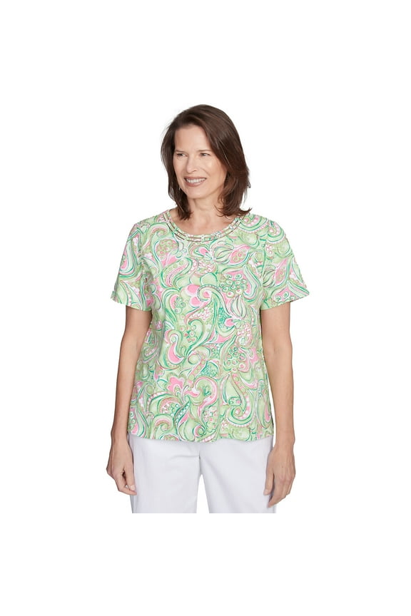 Womens Petite Abstract Scroll Crew Neck Top